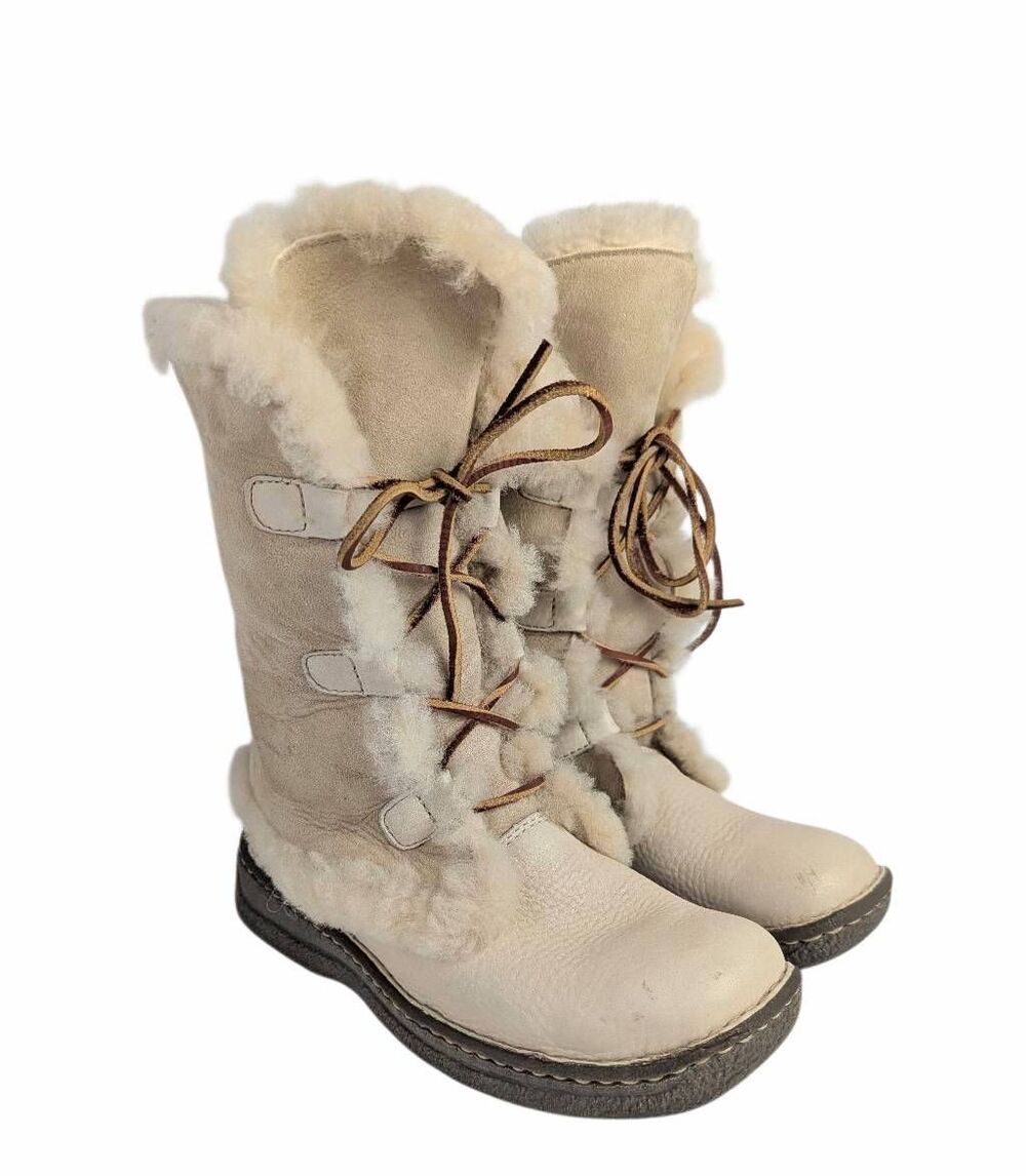 Born Nome cream bone shearling & suede lace up midcalf winter boot women's 7